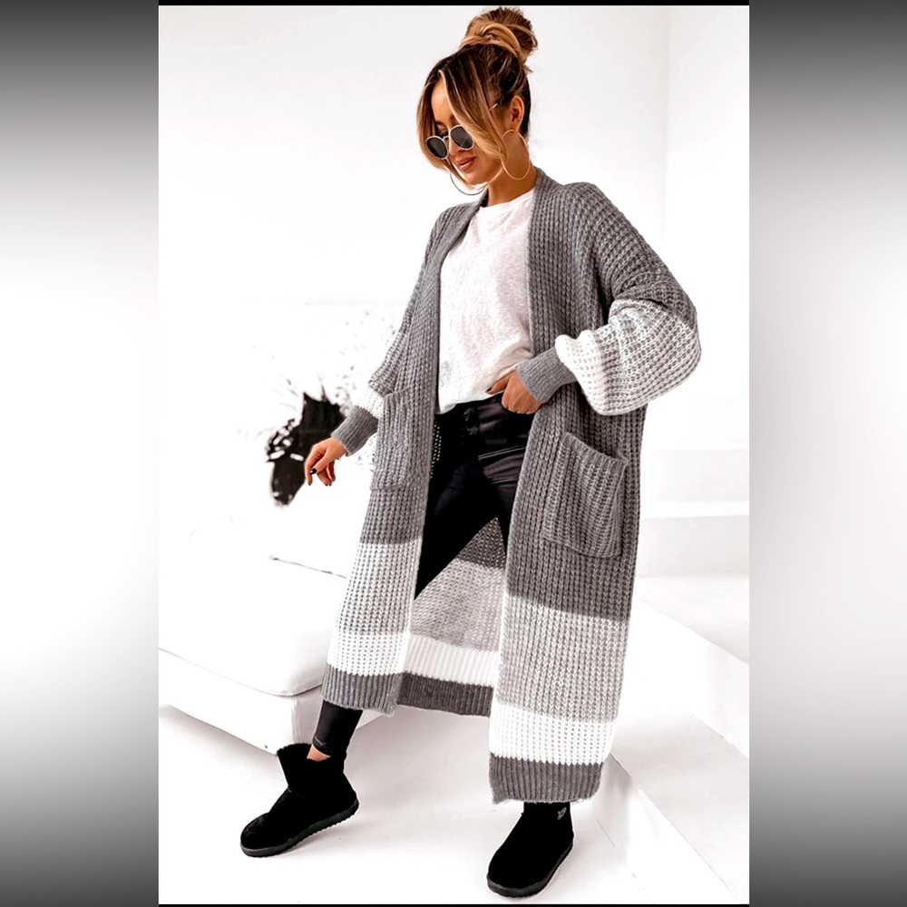 Longline Knit Color Block Open Cardigan